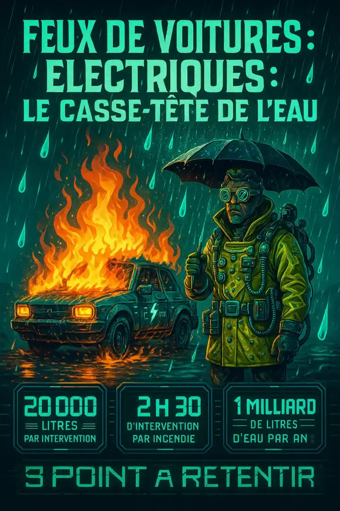 Affiche humoristique montrant une voiture électrique en feu sous la pluie, un pompier à l’air blasé et un panneau “Bienvenue à Mad Max-les-Bains”. Trois chiffres clés sur l’eau et les interventions sont affichés en bas.