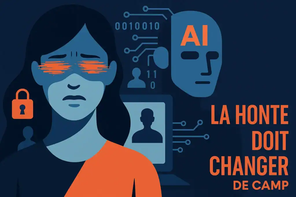 Illustration d’une femme inquiète, yeux brouillés par un effet numérique, entourée de symboles liés à l’IA, avec le message “La honte doit changer de camp”