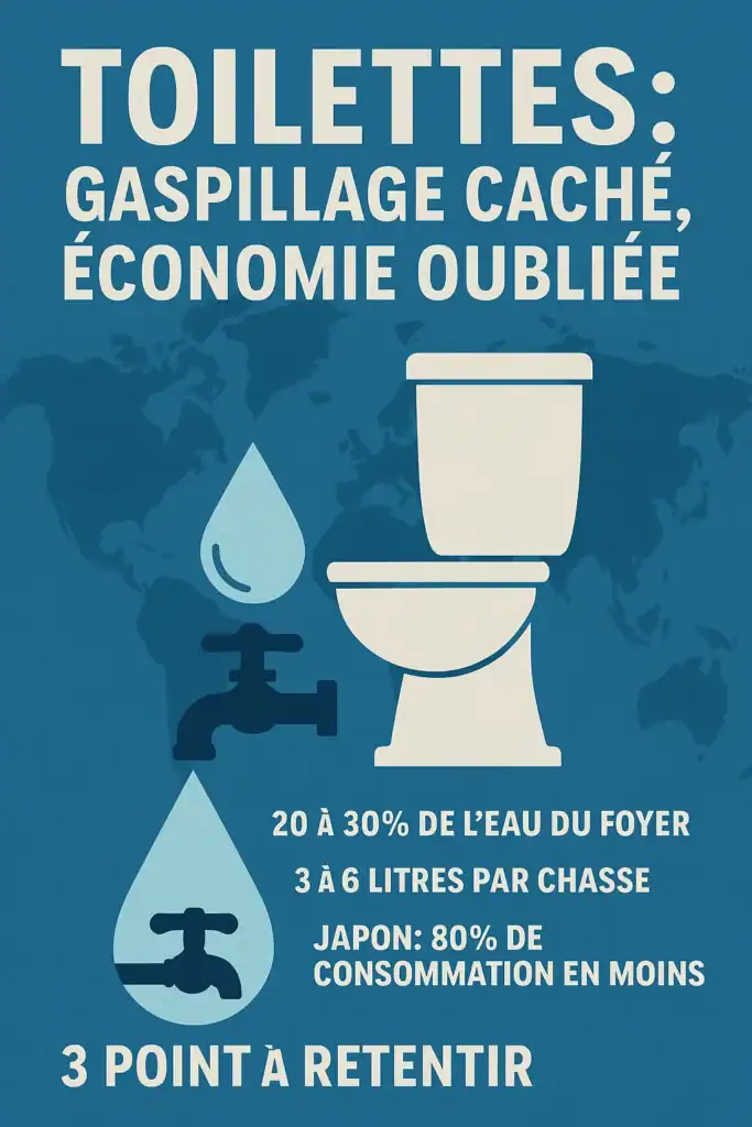 Affiche minimaliste : “Toilettes : gaspillage caché, économie oubliée”, avec illustration de toilettes, robinet, gouttes d’eau et statistiques sur la consommation d’eau.