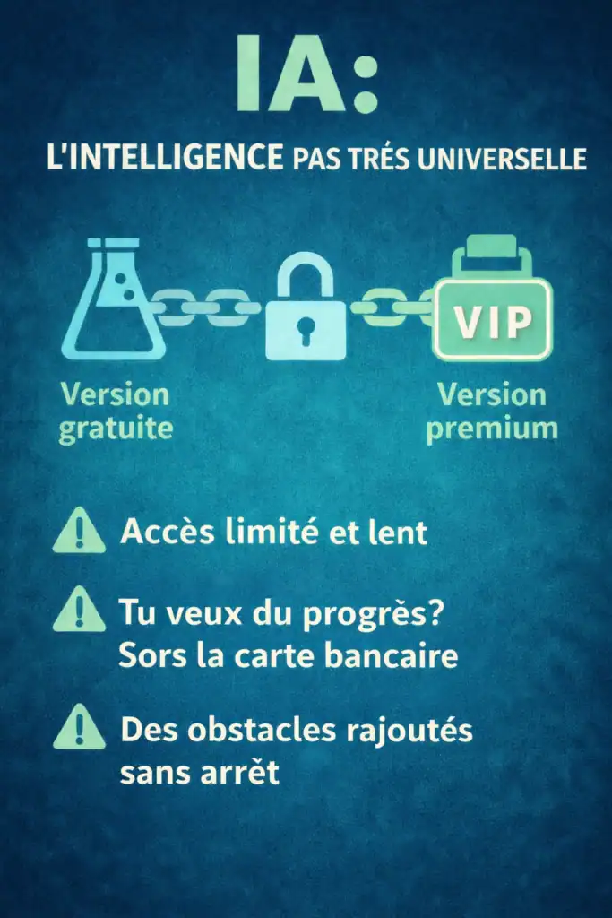 Infographie montrant que l’accès à l’IA est limité en version gratuite et complet en version premium, avec obstacles et paiement nécessaire.