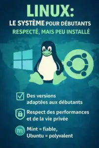 Infographie sur Linux pour débutants, mettant en avant sa simplicité, ses performances et le respect de la vie privée.